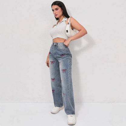 Bow embroidered wide jeans - MYSTERYBOXS