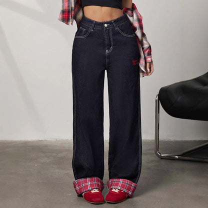 Panelled rolled-up plaid jeans - MYSTERYBOXS