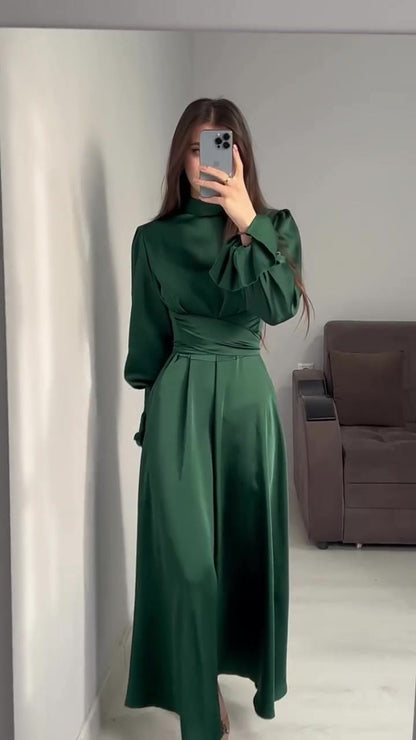 Long Sleeve Waist Puff Sleeve Solid Color Fairy Style Dress - MYSTERYBOXS
