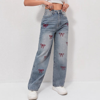 Bow embroidered wide jeans - MYSTERYBOXS