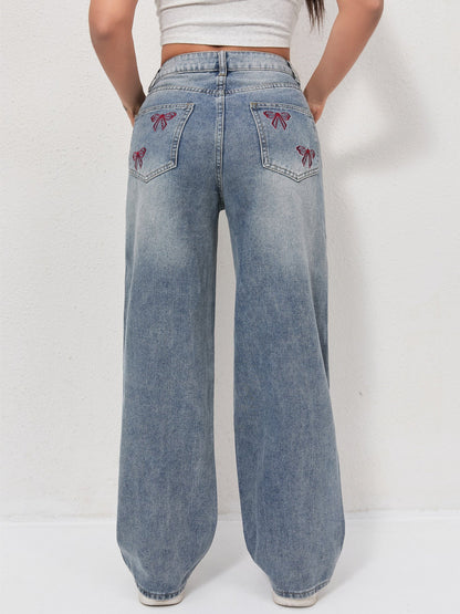 Bow embroidered wide jeans - MYSTERYBOXS