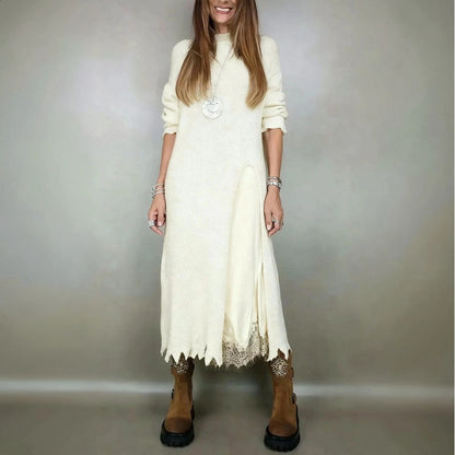 Solid color long-sleeved slit knit midi dress