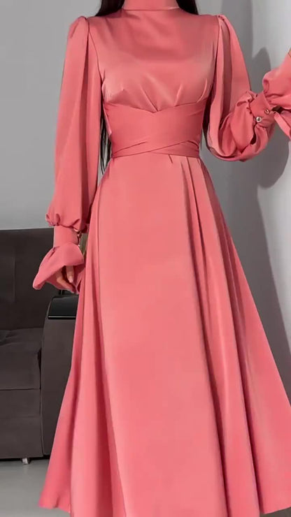 Long Sleeve Waist Puff Sleeve Solid Color Fairy Style Dress - MYSTERYBOXS