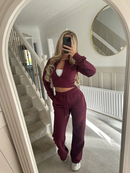 Solid Color Zipper Cardigan and Straight Leg Pants Tracksuit