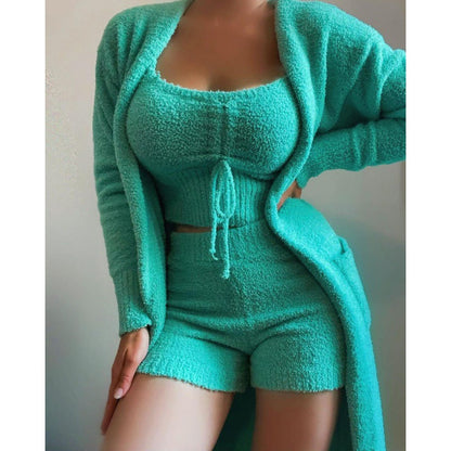 New women's plush lace -up fashion set three -piece suit - MYSTERYBOXS