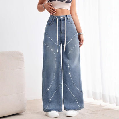 Rhinestone Beaded Denim Pants - MYSTERYBOXS