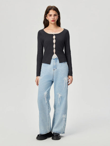 Denim trousers with 3D decoration - MYSTERYBOXS
