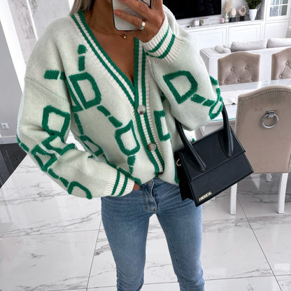 Jacquard color-blocked V-neck button-down cardigan sweater