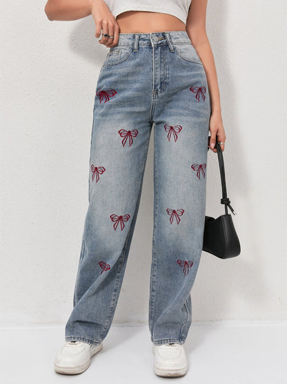 Bow embroidered wide jeans - MYSTERYBOXS
