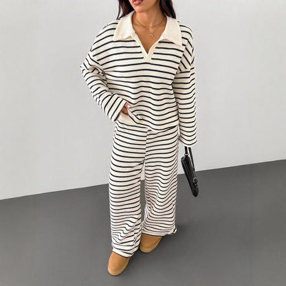 Colorblock striped V-neck loose two-piece set