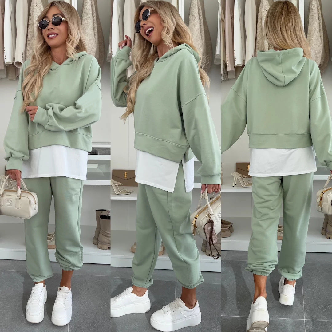 Women's Hooded Patchwork Casual Sweatshirt Set