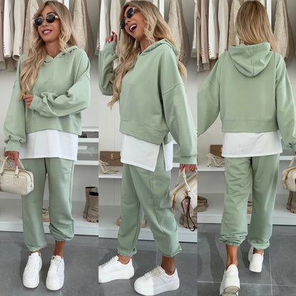 Women's Hooded Patchwork Casual Sweatshirt Set