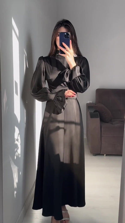 Long Sleeve Waist Puff Sleeve Solid Color Fairy Style Dress - MYSTERYBOXS