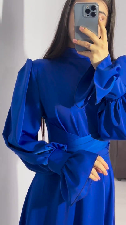 Long Sleeve Waist Puff Sleeve Solid Color Fairy Style Dress - MYSTERYBOXS
