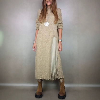 Solid color long-sleeved slit knit midi dress