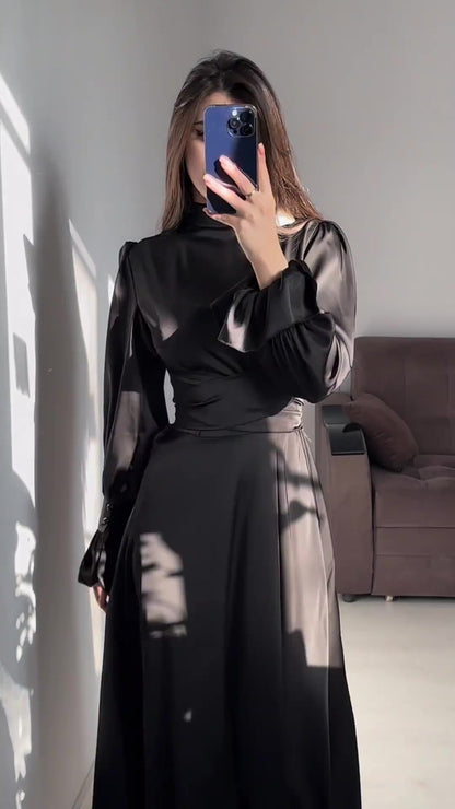 Long Sleeve Waist Puff Sleeve Solid Color Fairy Style Dress - MYSTERYBOXS