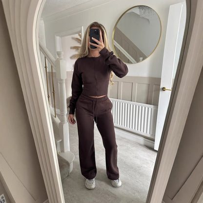 Solid Color Zipper Cardigan and Straight Leg Pants Tracksuit