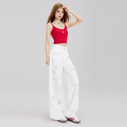 White jeans with niche embroidery - MYSTERYBOXS