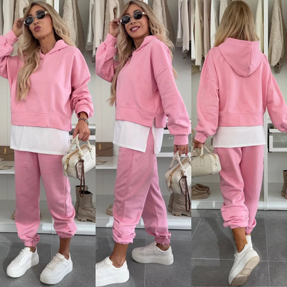 Women's Hooded Patchwork Casual Sweatshirt Set