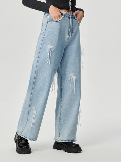 Denim trousers with 3D decoration - MYSTERYBOXS