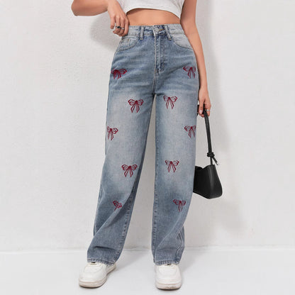 Bow embroidered wide jeans - MYSTERYBOXS