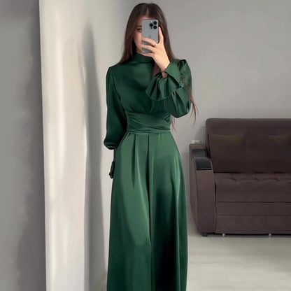 Long Sleeve Waist Puff Sleeve Solid Color Fairy Style Dress - MYSTERYBOXS