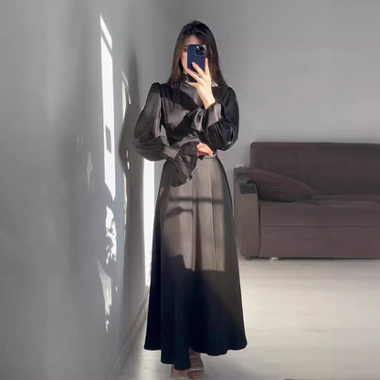 Long Sleeve Waist Puff Sleeve Solid Color Fairy Style Dress - MYSTERYBOXS