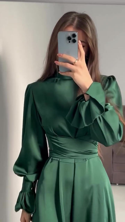Long Sleeve Waist Puff Sleeve Solid Color Fairy Style Dress - MYSTERYBOXS