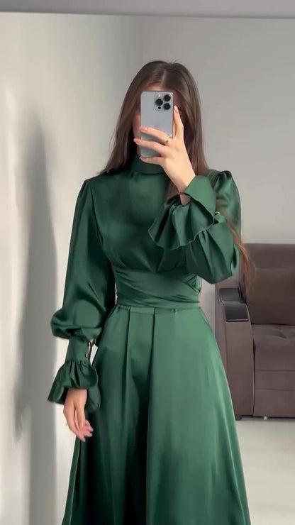 Long Sleeve Waist Puff Sleeve Solid Color Fairy Style Dress - MYSTERYBOXS