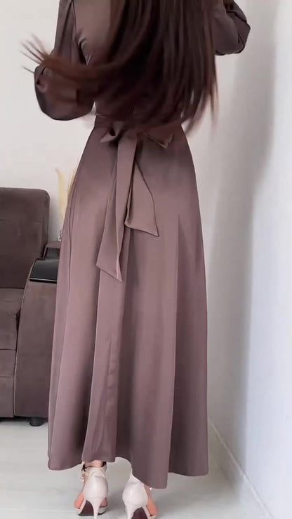 Long Sleeve Waist Puff Sleeve Solid Color Fairy Style Dress - MYSTERYBOXS