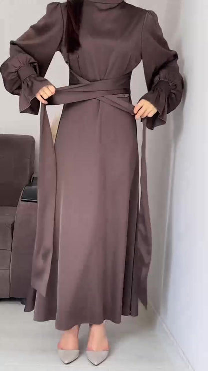 Long Sleeve Waist Puff Sleeve Solid Color Fairy Style Dress - MYSTERYBOXS