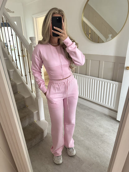 Solid Color Zipper Cardigan and Straight Leg Pants Tracksuit