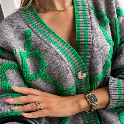 Jacquard color-blocked V-neck button-down cardigan sweater