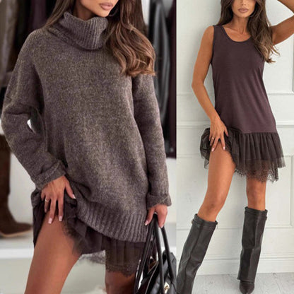 Stylish knit top and vest dress set
