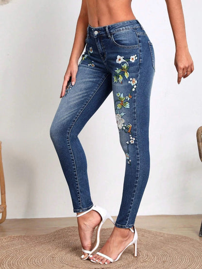 Flowerpot embroidered jeans - MYSTERYBOXS