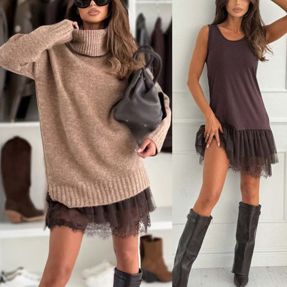 Stylish knit top and vest dress set