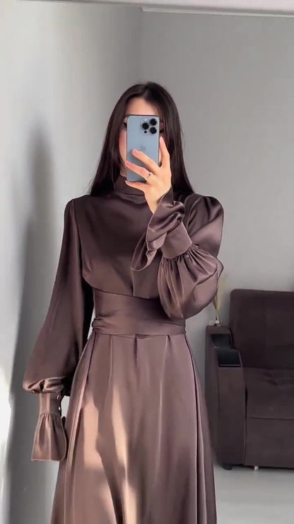 Long Sleeve Waist Puff Sleeve Solid Color Fairy Style Dress - MYSTERYBOXS