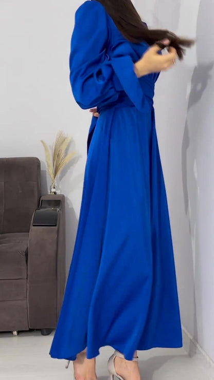 Long Sleeve Waist Puff Sleeve Solid Color Fairy Style Dress - MYSTERYBOXS