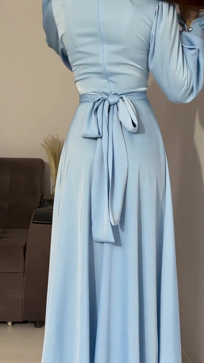 Long Sleeve Waist Puff Sleeve Solid Color Fairy Style Dress - MYSTERYBOXS