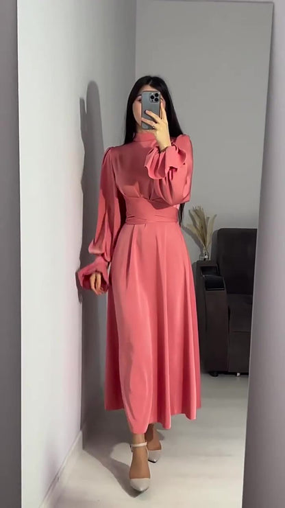 Long Sleeve Waist Puff Sleeve Solid Color Fairy Style Dress - MYSTERYBOXS