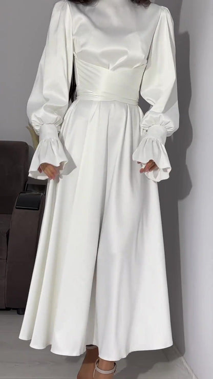 Long Sleeve Waist Puff Sleeve Solid Color Fairy Style Dress - MYSTERYBOXS
