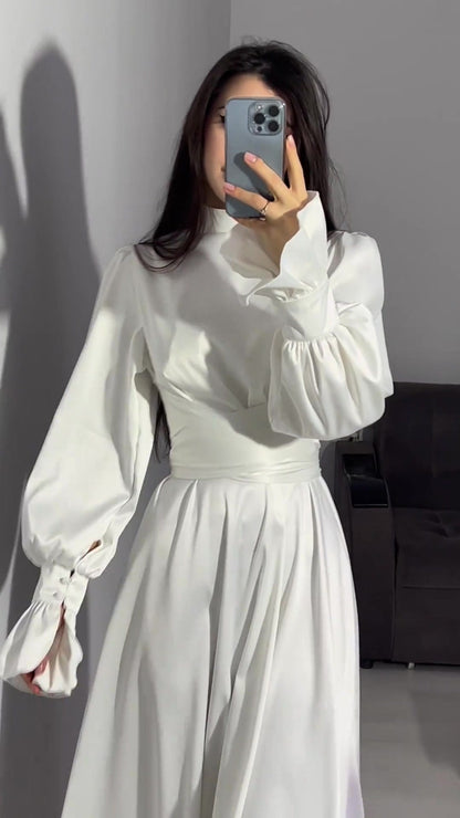 Long Sleeve Waist Puff Sleeve Solid Color Fairy Style Dress - MYSTERYBOXS