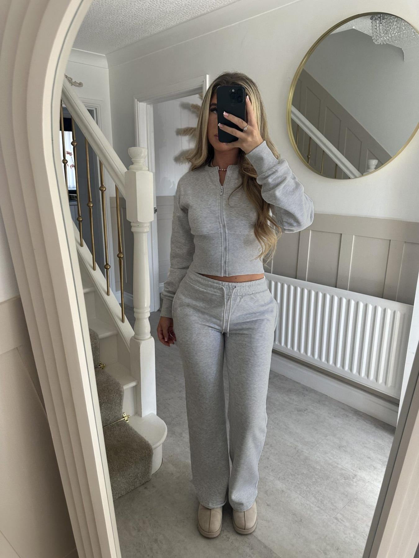 Solid Color Zipper Cardigan and Straight Leg Pants Tracksuit