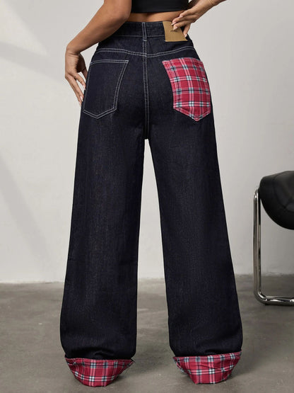Panelled rolled-up plaid jeans - MYSTERYBOXS