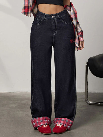 Panelled rolled-up plaid jeans - MYSTERYBOXS