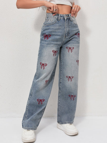 Bow embroidered wide jeans - MYSTERYBOXS