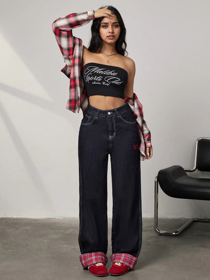 Panelled rolled-up plaid jeans - MYSTERYBOXS
