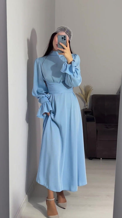 Long Sleeve Waist Puff Sleeve Solid Color Fairy Style Dress - MYSTERYBOXS