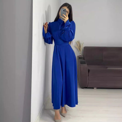 Long Sleeve Waist Puff Sleeve Solid Color Fairy Style Dress - MYSTERYBOXS
