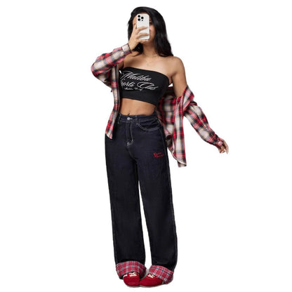 Panelled rolled-up plaid jeans - MYSTERYBOXS